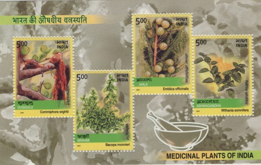 Indian Miniature Sheet – Medicinal Plants – Guggulu, Brahmi, Amla, Ashwagandha Stamp ( 7th Apr 2003)