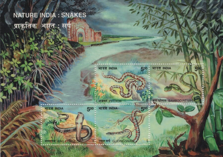 Indian Miniature Sheet -Nature India Snakes Stamp – King Cobra, Python & More ( 12th Nov 2003)